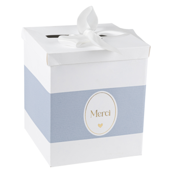 Urne de baptême "Merci" bleu orage et blanc avec ruban | jourdefete.com