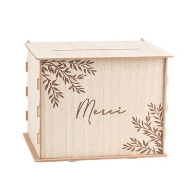 Urne en bois naturel gravée avec motif végétal et inscription "Merci" | jourdefete.com