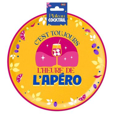 Plateau apéro rond avec message humoristique et déco estivale | jourdefete.com