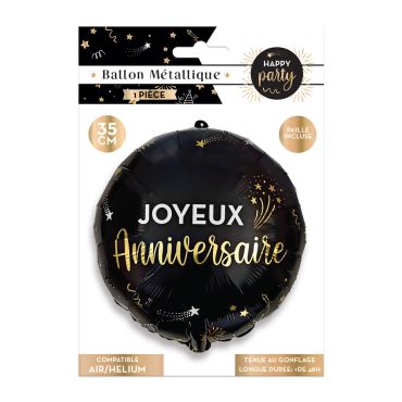 Ballon métallique noir et doré "Joyeux Anniversaire" pour fête élégante | jourdefete.com