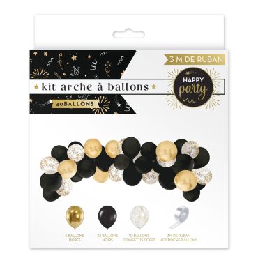 Kit arche à ballons noirs, dorés et à confettis avec ruban | jourdefete.com