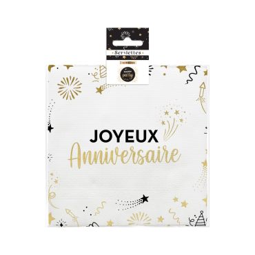 Serviettes blanches et dorées "Joyeux Anniversaire" pour décoration de table | jourdefete.com