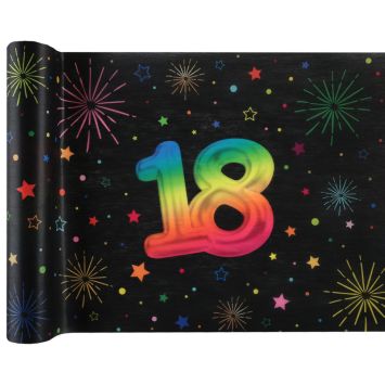 Chemin de table 18 ans Festicolor avec fond noir et motifs étoilés multicolores | jourdefete.com