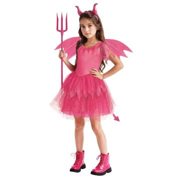 Fille portant le déguisement rose pailleté de diva démone avec ses ailes, son serre-tête cornes pour Halloween | jourdefete.com