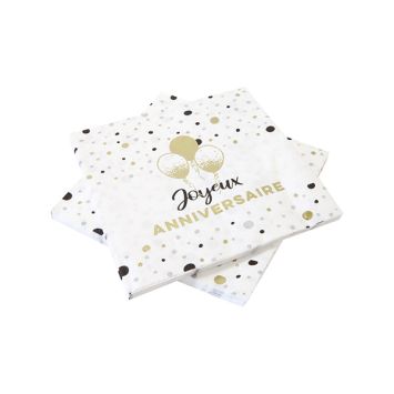 Serviettes en papier "Joyeux Anniversaire" blanches et dorées avec ballons | jourdefete.com