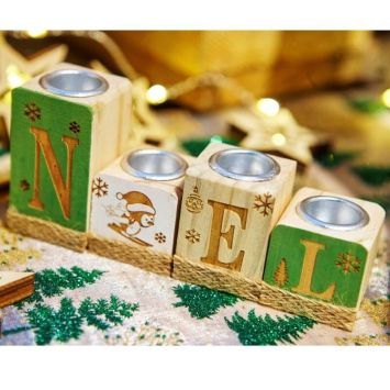 Bougeoir Noël - Bois - Petits cubes Vert et Blanc