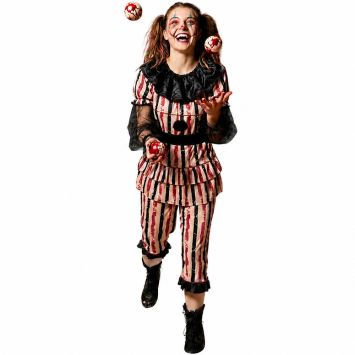 Femme en costume de clown tueur d'Halloween jonglant avec des balles ensanglantées | jourdefete.com