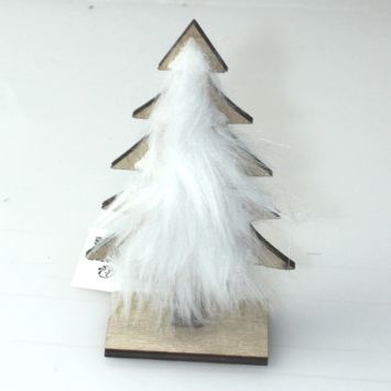 Décoration à Poser Noël - Bois - Sapin avec Fourrure Blanche