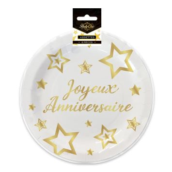 Assiettes Joyeux Anniversaire dorées en carton avec étoiles, pack de 6 pièces | jourdefete.com