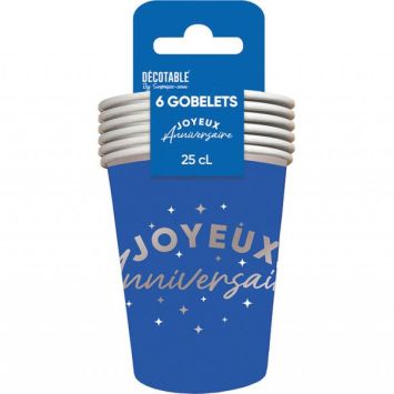 6 gobelets en carton "Joyeux Anniversaire" - 25 cl - Couleur au choix