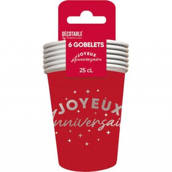 6 gobelets en carton "Joyeux Anniversaire" - 25 cl - Couleur au choix