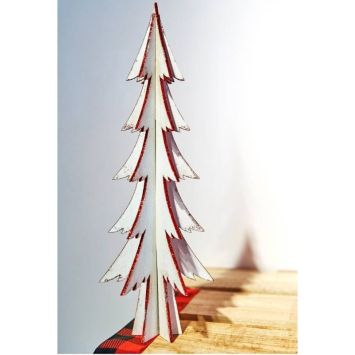 Décoration à Poser Noël - Bois - Sapin Blanc avec Paillettes - Rouge
