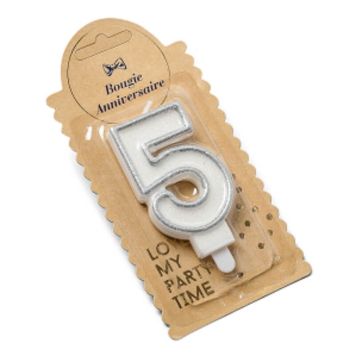 Bougie d'Anniversaire Chiffre 5 - Pailletée Argent