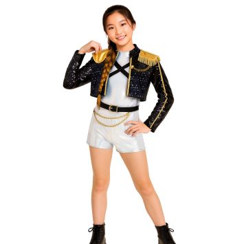 Déguisement star K-pop argent fille avec veste noire et tenue brillante | jourdefete.com