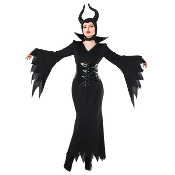 Femme portant un déguisement noir de fée maléfique avec de grandes cornes pour Halloween | jourdefete.com