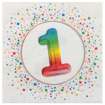 Serviette d’anniversaire arc-en-ciel avec chiffre personnalisé entouré de confettis | jourdefete.com