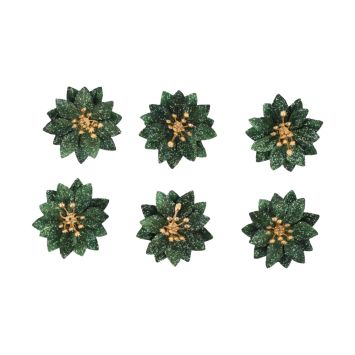 6 poinsettias pailletés en velours avec adhésifs - Noël - 5,5 cm - Couleur au choix