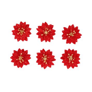 6 poinsettias pailletés en velours avec adhésifs - Noël - 5,5 cm - Couleur au choix