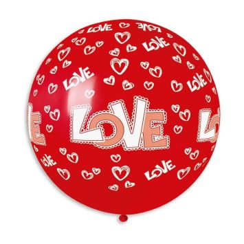 1 ballon géant rouge imprimé love + cœurs blancs 80 cm | jourdefete.com