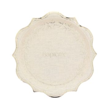 Assiettes carton baptême effet lin et or 23 cm | jourdefete.com