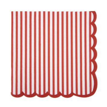 Serviettes en papier carrée avec rayures verticales rouges et blanches et bords festonnés | jourdefete.com