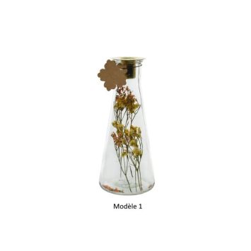Bougeoir cône en verre avec fleurs séchées en décor - 19 cm - Modèle au choix