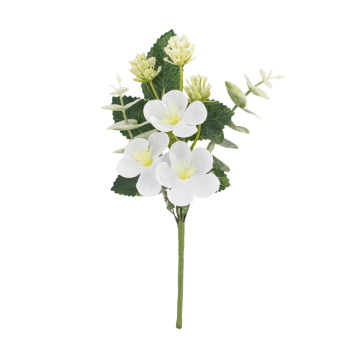 Branche de fleurs blanches et feuillage vert - 15 cm