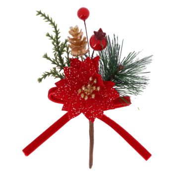Branche décorative Noël Enchanté rouge, vert et or avec fleur, baies et feuillage | jourdefete.com