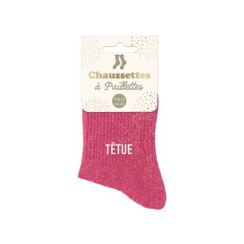 Chaussettes courtes à paillettes avec inscription "Têtue", coloris scintillant et tendance | jourdefete.com