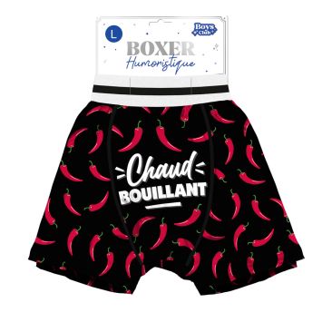 Boxer humoristique "Chaud Bouillant" avec motif piments rouges | jourdefete.com