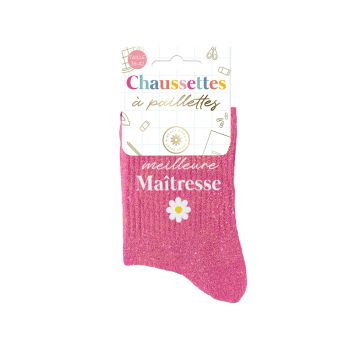 Chaussettes à paillettes roses avec inscription meilleure Maîtresse pour cadeau de fin d'année scolaire | jourdefete.com