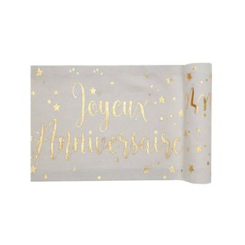 Chemin de Table "Joyeux Anniversaire" - Blanc / Or