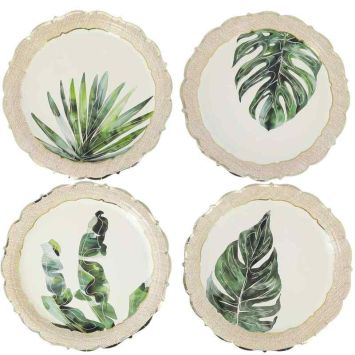 Assiettes carton feuillage tropical vert et crème effet cannage Coco Palm | jourdefete.com