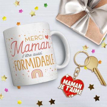 Coffret Mug à paillettes "Merci Maman" et Porte-clés à paillettes "Maman je t'aime"