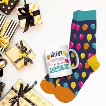 Coffret Cadeau Mug et Chaussettes pour homme - Joyeux Anniversaire à fond les ballons