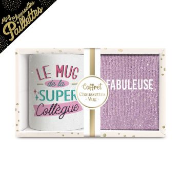 Coffret Mug à paillettes "Super Collègue" et Chaussettes à paillettes "Fabuleuse" pour femme - Collection Famille d'Amour