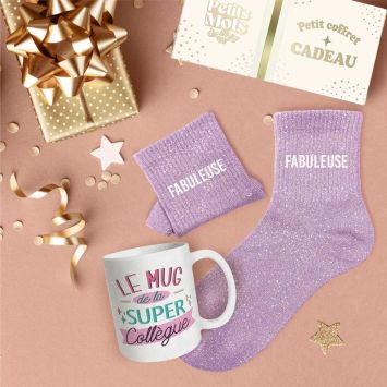 Coffret Mug à paillettes "Super Collègue" et Chaussettes à paillettes "Fabuleuse" pour femme - Collection Famille d'Amour