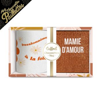 Coffret Mug à paillettes "Mamie Chérie" et Chaussettes à paillettes "Mamie d'Amour" - Collection Mamie Chérie