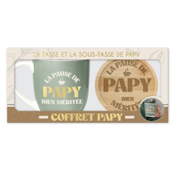 Coffret tasse et sous-tasse "La pause de Papy bien méritée" pour offrir à un grand-père | jourdefete.com