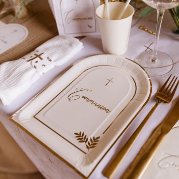 8 Assiettes en carton - Collection Communion Pureté Blanc et Or