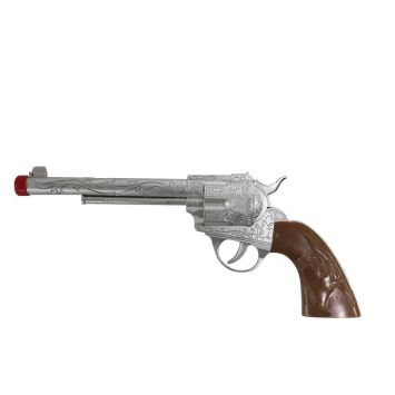 Pistolet de cowboy factice 28 cm argenté avec crosse marron | jourdefete.com