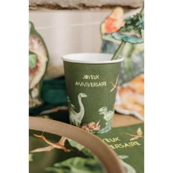 6 gobelets "Joyeux Anniversaire" en carton - 255 ml - Collection Dinosaures