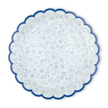 8 assiettes en carton - Diamètre 25 cm - Collection Fleur Bleue