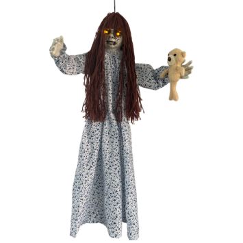Poupée d'Halloween avec nounours animée à suspendre - 90 cm