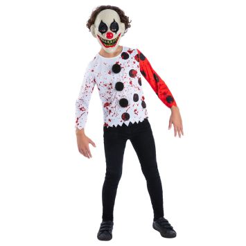Enfant vêtu du kit déguisement halloween avec top ensanglanté et masque de clown tueur | jourdefete.com