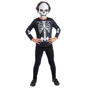 Enfant portant le kit déguisement halloween avec top et masque de squelette noir et blanc | jourdefete.com
