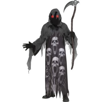 Déguisement de faucheur de la mort noir avec visuels de crânes terrifiants pour homme | jourdefete.com