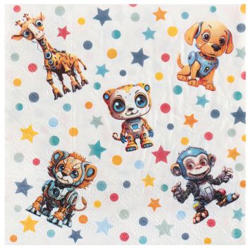 Serviettes en papier de la collection Happy Cop's avec motifs animaux robotiques colorés | jourdefete.com