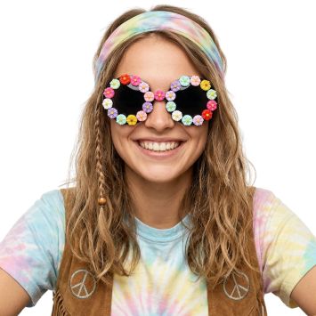 Lunettes rondes aux verres teintés recouvertes de petites marguerites multicolores pour déguisement hippie | jourdefete.com