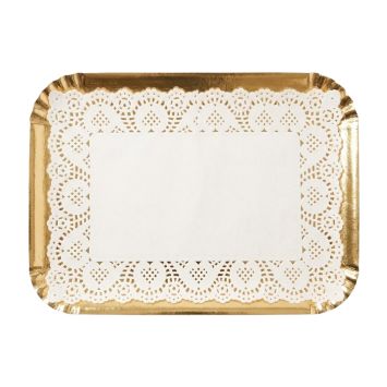Plateau traiteur en carton or avec nappe dentelle blanche 22x30cm pour buffet de fête | jourdefete.com